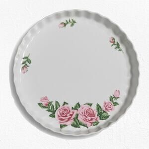 Vintage White Pink Rose Floral Beveled Porcelain 9.5in Quiche Tart 1980s Pie Pan